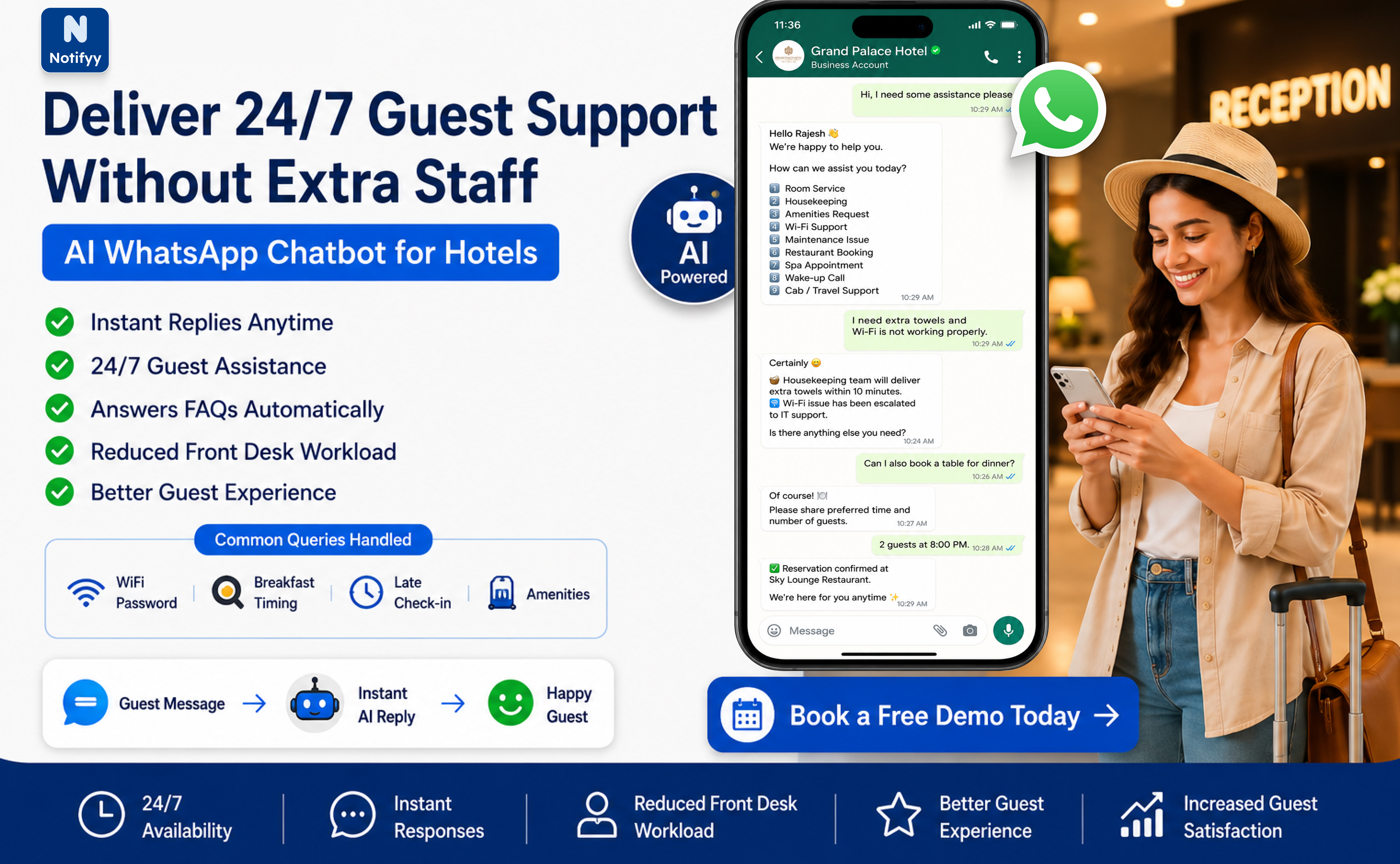 Automated WhatsApp review request sent to a hotel guest after checkout