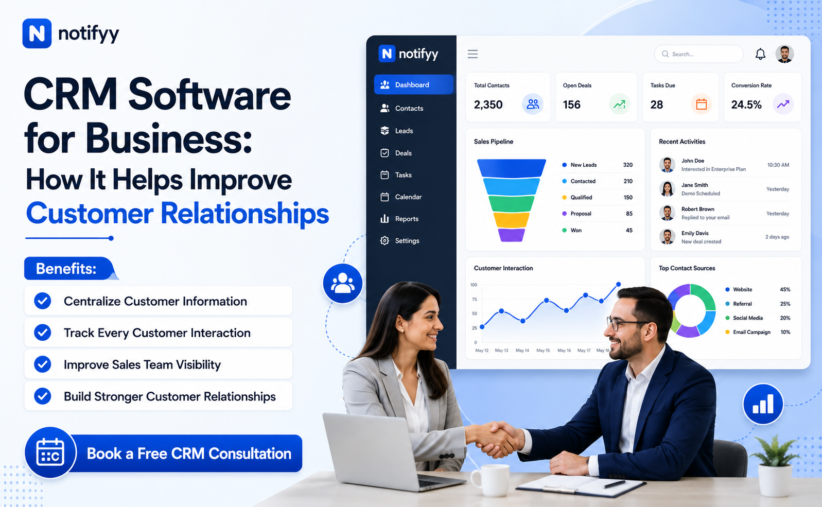 customer relationship management software dashboard with customer data and sales pipeline
